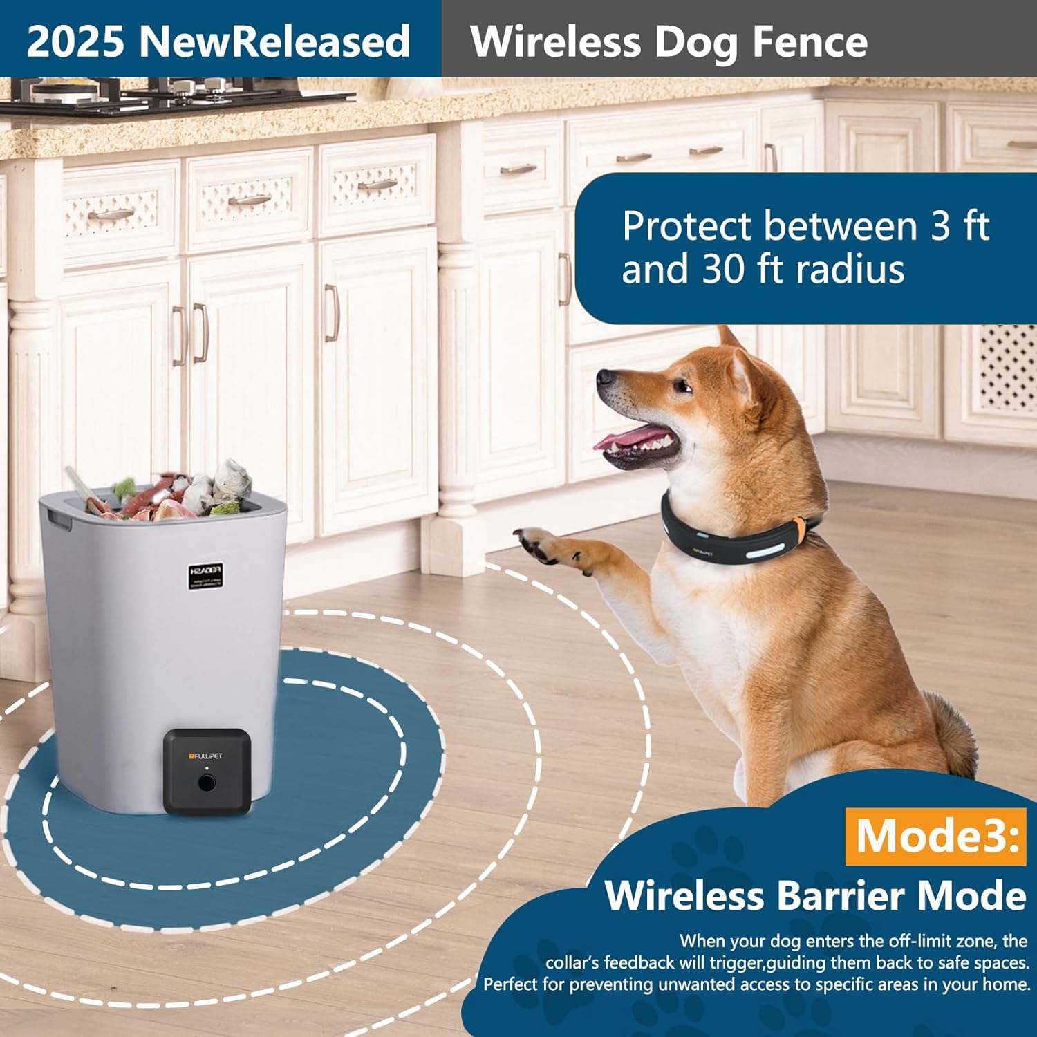 Fulupet 3-in-1 Wireless Dog Fence, Real-Time Distance Monitoring,  IPX7 Waterproof, Electric Dog Fence, No Subscription