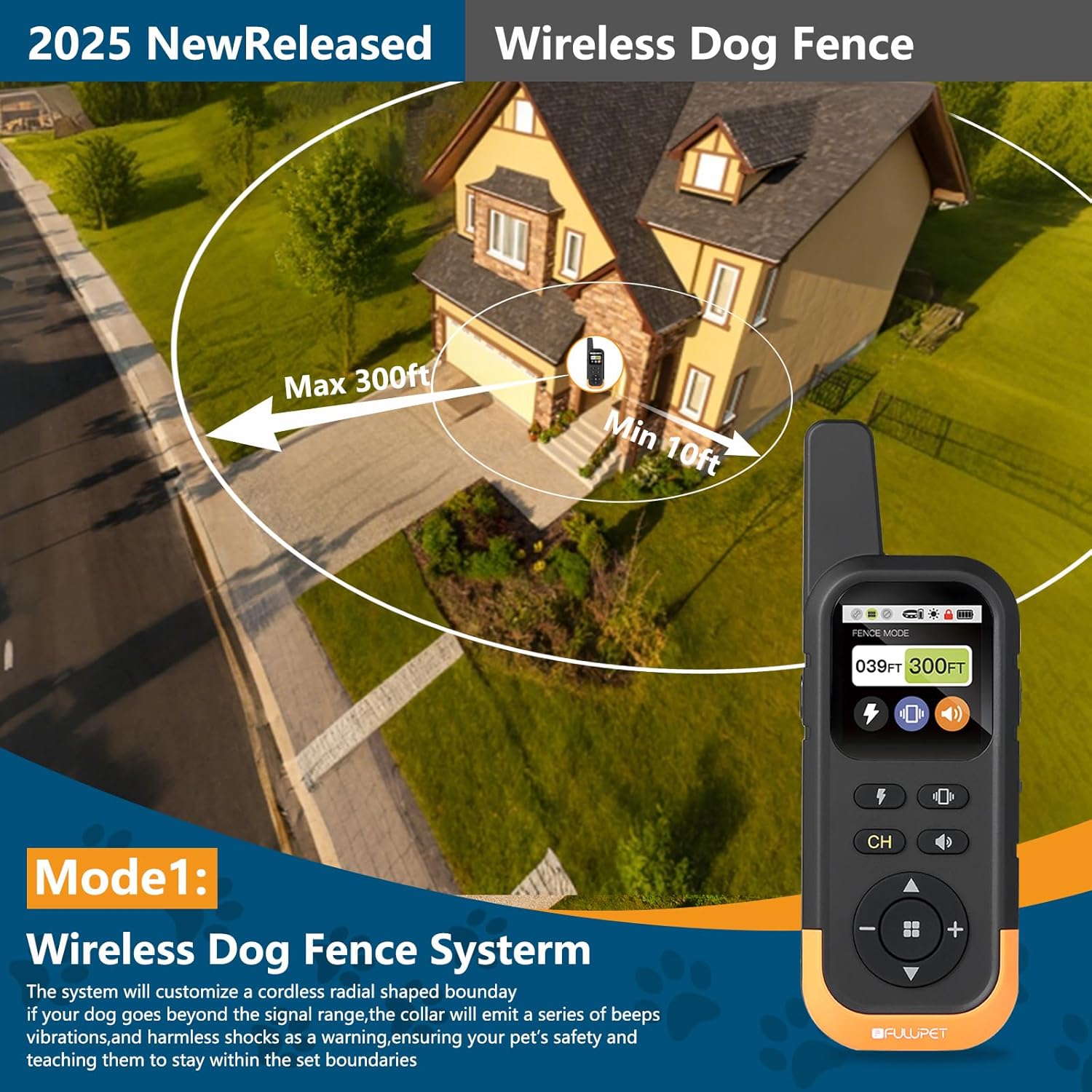 Fulupet 3-in-1 Wireless Dog Fence, Real-Time Distance Monitoring,  IPX7 Waterproof, Electric Dog Fence, No Subscription